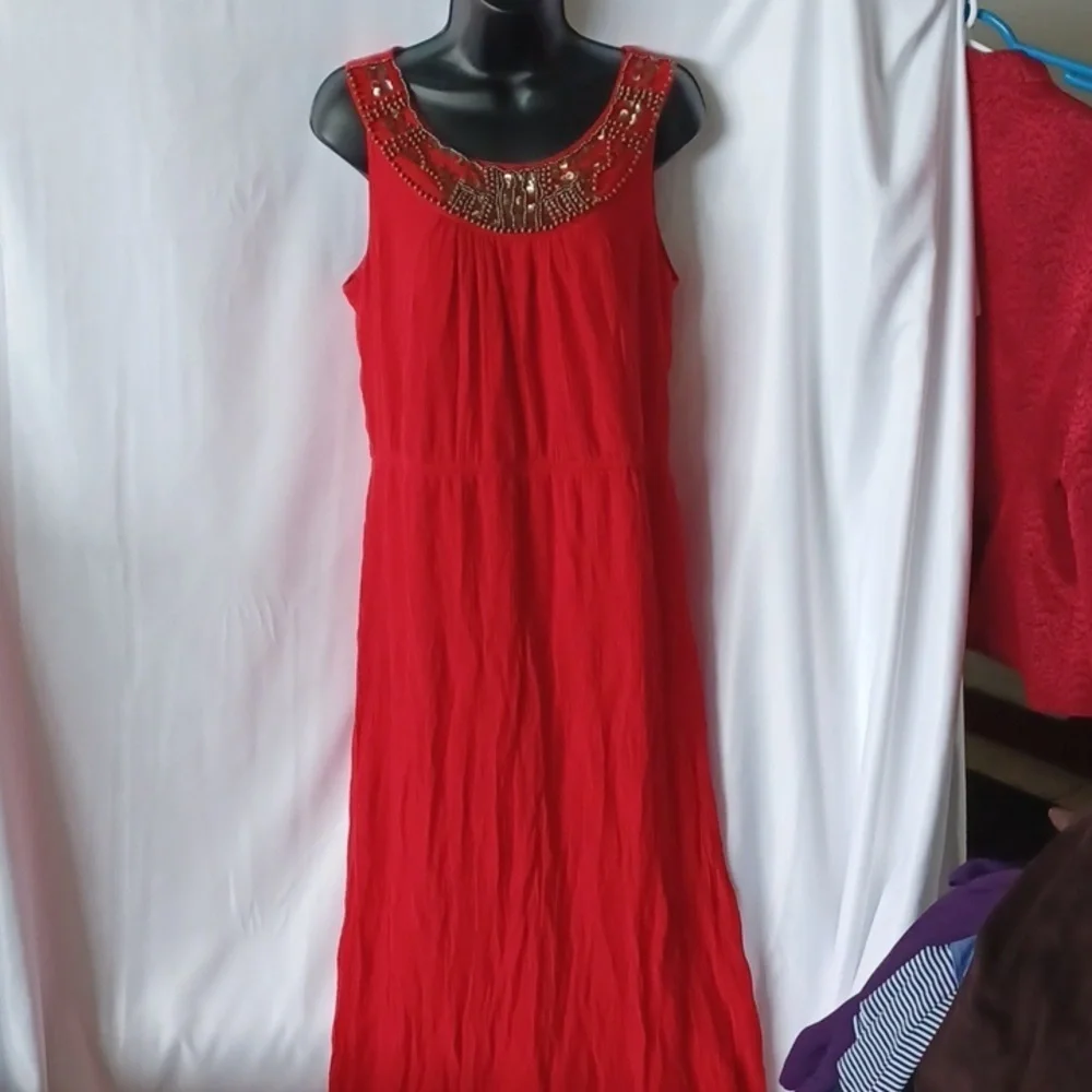 Red maxi beaded dress with sequins, and light weight gauze material,